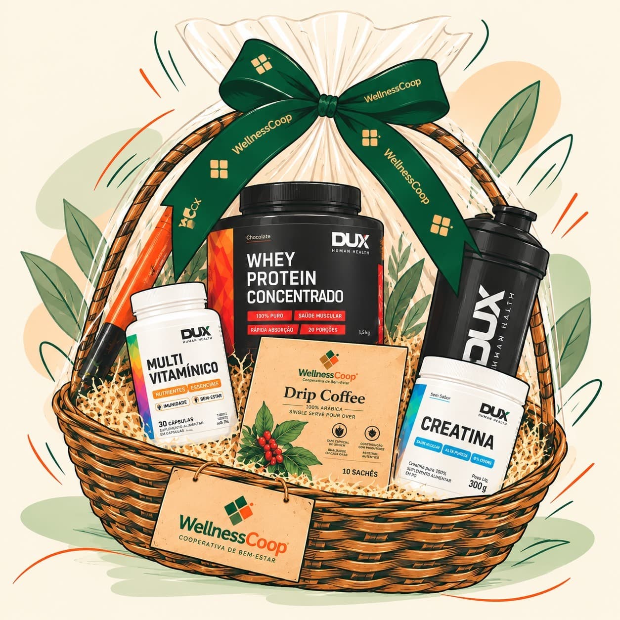 Cesta ilustrada com produtos WellnessCoop previstos para uma etapa futura da parceria